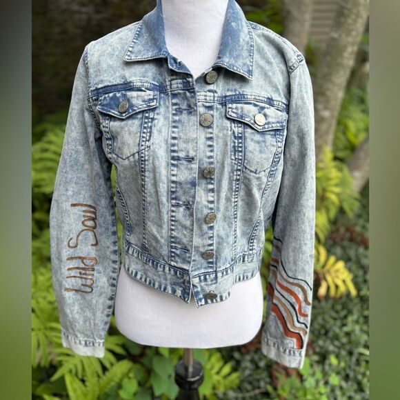 BDG Light Blue Jean Jacket Hand Painted Wild Soul - Picture 1 of 5